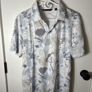 Travis Mathew White and Blue Botanical Patterned Golfwear Polo Shirt